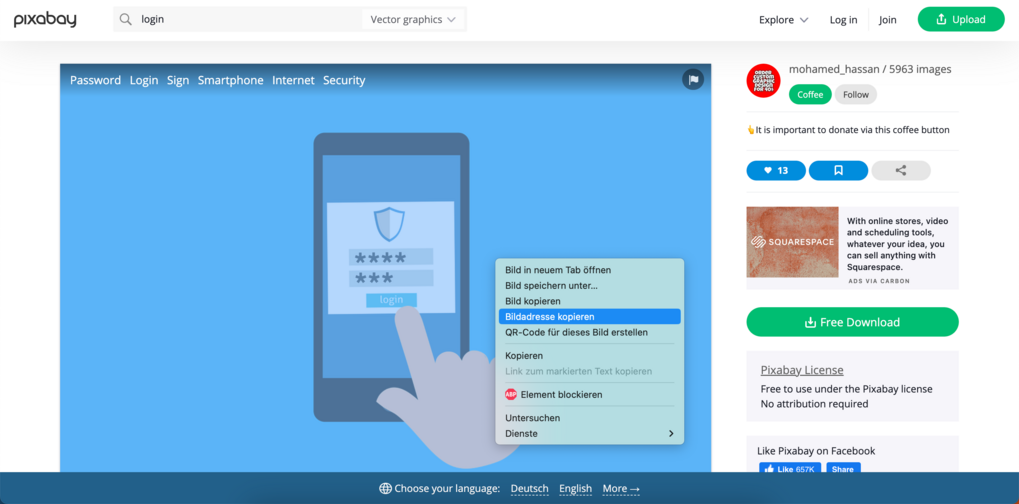 Screenshot Pixabay – Bildadresse kopieren mit Rechtsklick
