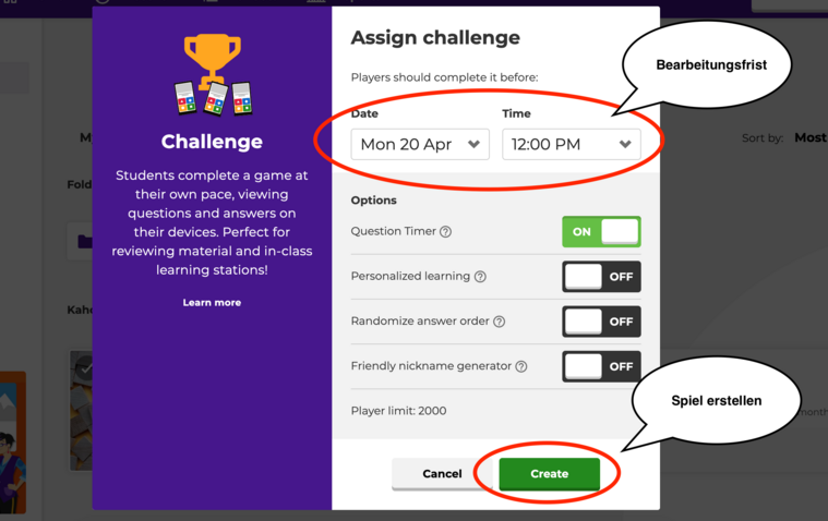 Übersicht des Startbildschirm im Assign Modus. Hier kann eine Deadline für das laufende Spiel festgelegt werden.