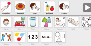 Kommunikationsoberfläche von LetMeTalk mit dem Satz: Ich möchte Spaghetti essen Apfelsaft trinken