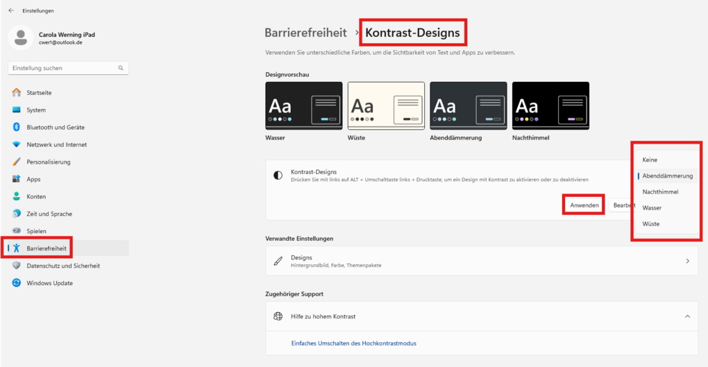 Barrierefreiheitseinstellungen von Windows 11: Kontrast-Designs einstellen