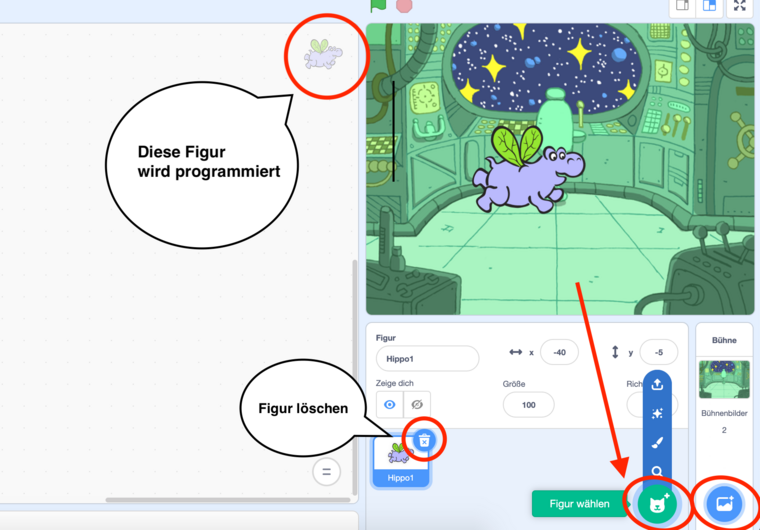 Beispielprojekt in Scratch mit von uns ausgewählter Figur und Bühne