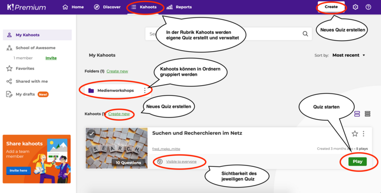 Übersicht der Oberfläche im Bereich Kahoots. Hier werden bestehe Quiz gelistet und es können neue erstellt werden.