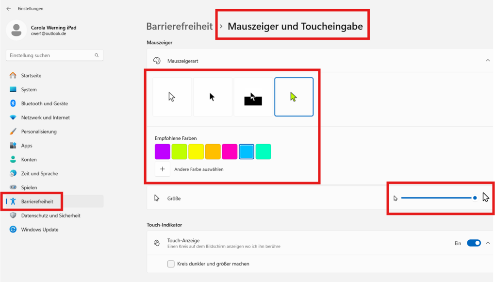 Barrierefreiheitseinstellungen von Windows 11: Anpassung des Mauszeigers