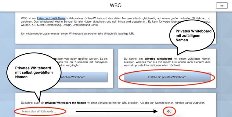 Übersicht der Startseite von WBO. Hier kann ein eigenes privates Whiteboard eröffnet werden.