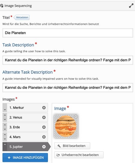 Screenshot des Bearbeitungfensters für den Aufgabentyp Image Sequencing. Hier können Titel, Beschreibung und Bilder eingefügt werden.