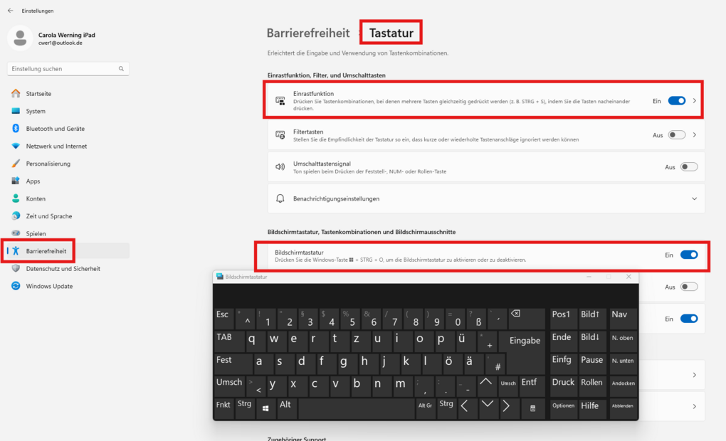 Bildschirmfoto: Barrierefreiheitseinstellungen Windows 11 mit aktivierter Einrastfunktion bei den Tastatureinstellungen