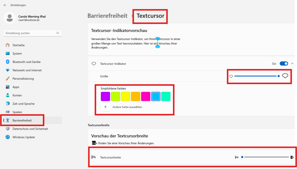 Barrierefreiheitseinstellungen von Windows 11: Anpassung des Textcursors