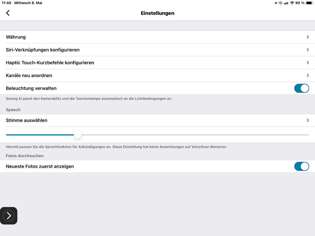 Die Einstellungen der App Seeing AI mit u. a. Den Einstellung für Stimme, Vorlesegeschwindigkeit und Kanäle neu anordnen. 