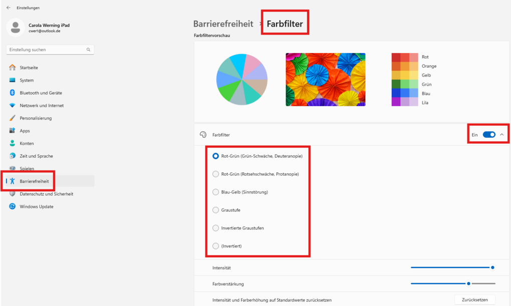 Barrierefreiheitseinstellungen von Windows 11: Farbfilter, Graustufen, Farben invertieren