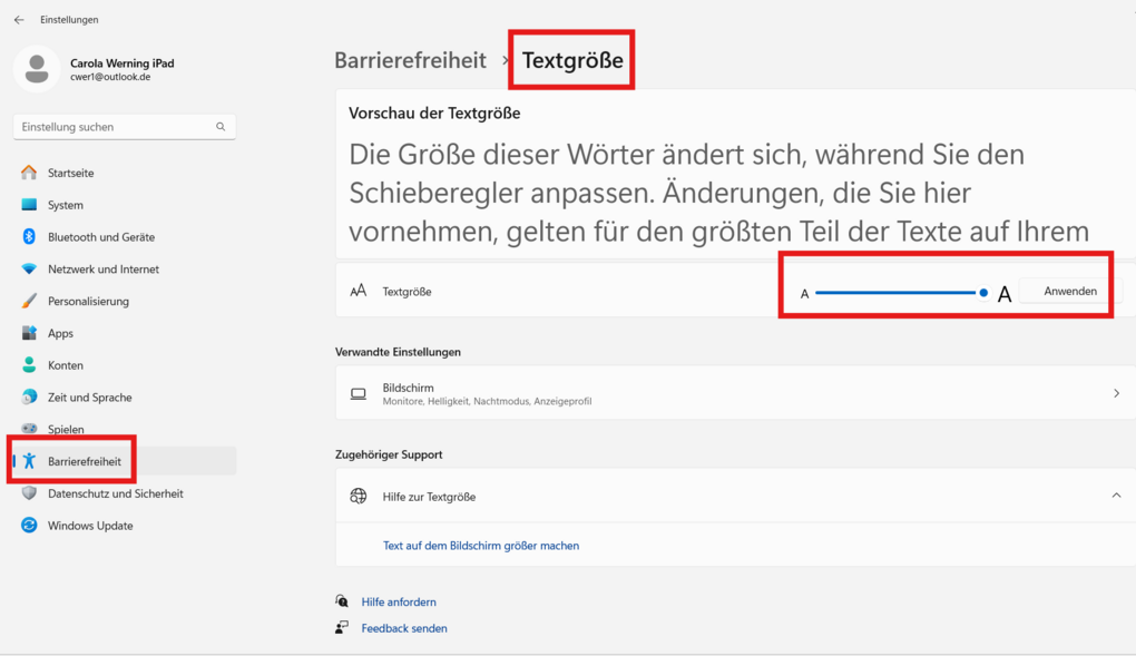 Barrierefreiheitseinstellungen von Windows 11: Anpassung der Textgröße