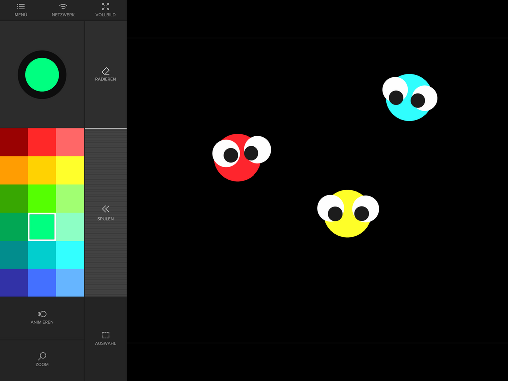 Screenshot Tagtool: Zeichenfläche mit drei bunten Smilys..