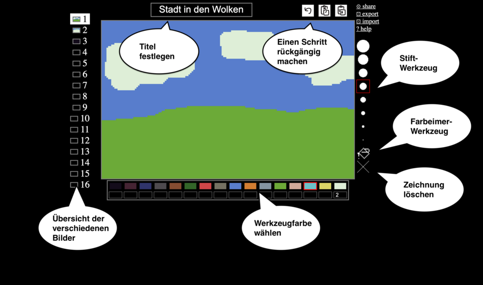 Übersicht der Editors von Flickgame und den unterschiedlichen Werkzeugleisten.