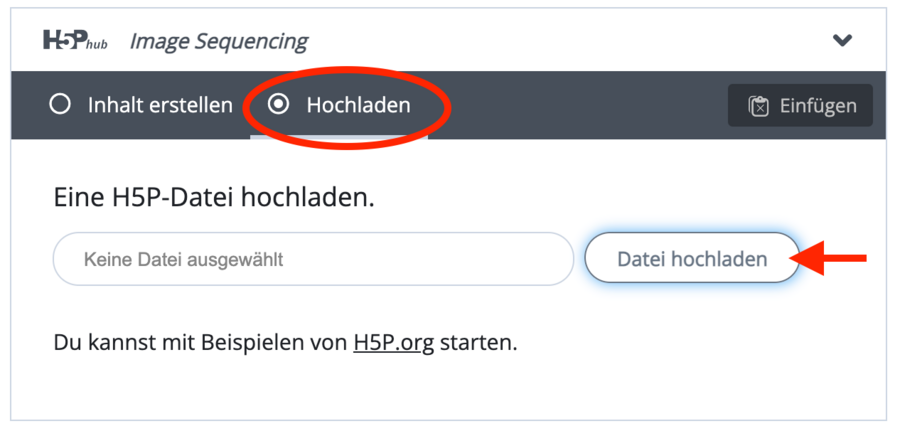 Screenshot des Startbildschirms von H5P. Neben der Möglichkeit neue Inhalte zu erstellen, gibt es in der oberen Menüleiste den Punkt "Hochladen".