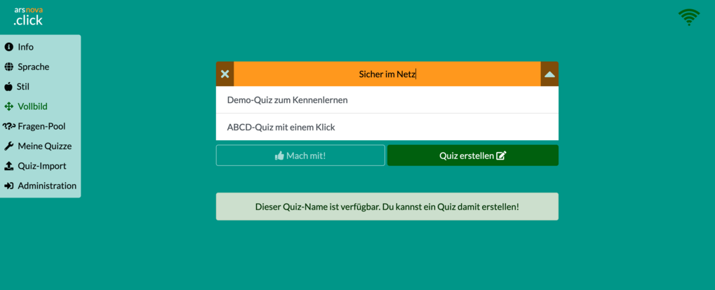 Screenshot arsnova.click – Neues Quiz anlegen