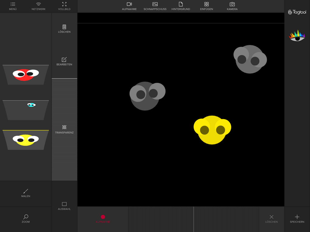 Screenshot Tagtool: Oberfläche Animieren mit Ebenen