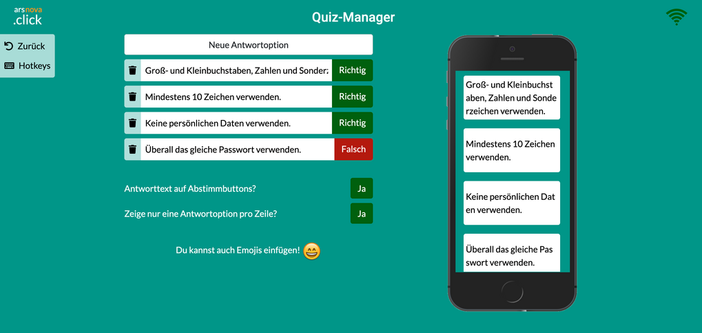 Screenshot arsnova.click – Bereich Antwortoptionen