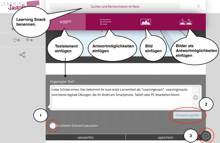 Bearbeitungsansicht von Learning Snacks: Einfügen von Titel, Text, Antwortoptionen und Bildern