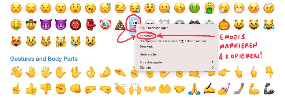 Screenshot der Webseite GetEmoji. Das gespenst-Emoji ist markiert und das Kontextmenü mit der Option Kopieren ist geöffnet.