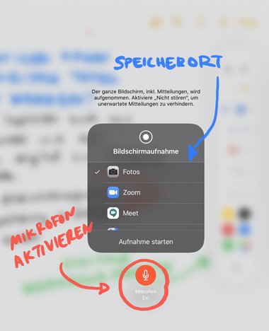 Bildschirmaufnahme starten, Mikrofon aktivieren und Speicherort wählen