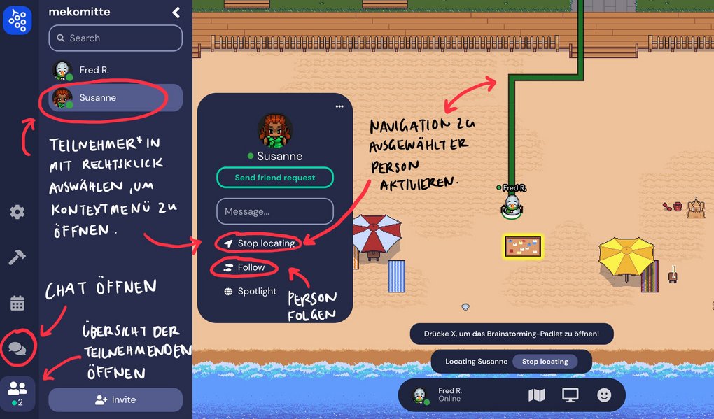 Screenshot einer Szenen am Strand in Gather Town: Am linken Bildschirmrand kann über eine Leiste der Chat sowie einer Übersicht der Teilnehmenden aufgerufen werden.