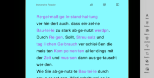 Mit Microsoft Lens fotografierter und im Plastischen Reader geteilter Text: Der Text erscheint nun in großer Schriftart, mit Silbentrennung, farbig markierten Nomen und vor hellblauem Hintergrund