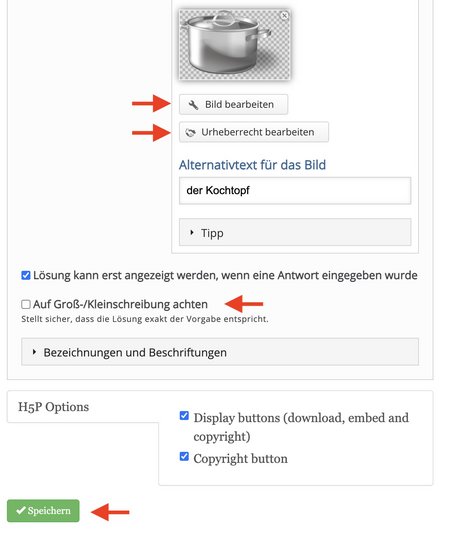 Screenshot des Bearbeitungfensters für den Aufgabentyp Flashcards Teil 2. Hier können Bilder für die einzelnen Karten eingefügt und bearbeitet werden.