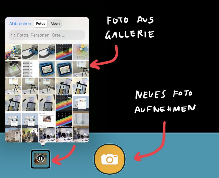 Screenshot aus Chatterpix: Ein Foto kann über die Kamera neu aufgenommen oder aus der Galerie hinzugefügt werden.