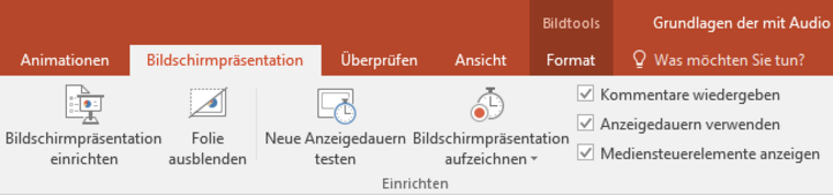 Powerpoint: Bildschirmpräsentation aufzeichnen (zu finden im Register Bildschirmpräsentation)