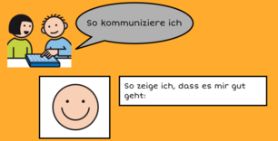 Ausschnitt aus der Ich-Buchvorlage für Book Creator, gestaltet mit METACOM-Symbolen. Inhalt: So kommuniziere ich. So zeige ich, dass es mir gut geht. 