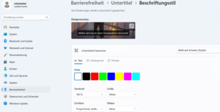 Screenshot: Barrierefreiheitsfunktionen in Windows 11, Live-Untertitel aktivieren und optisch anpassen