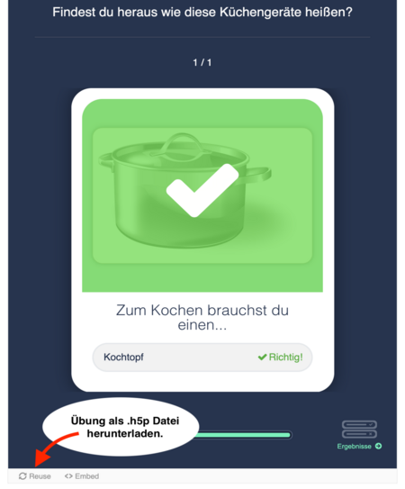 Screenshot eines fertigen Flashcard-Sets. Über den Button Reuse in der unteren Linken Ecke kann die Aufgabe als .h5p Datei heruntergeladen werden.