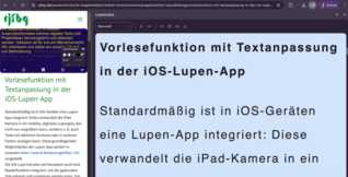 Webseite in zwei Ansichten, einmal normal, daneben im Lesemodus von Chrome mit großer Schrift auf blauen Hintergrund