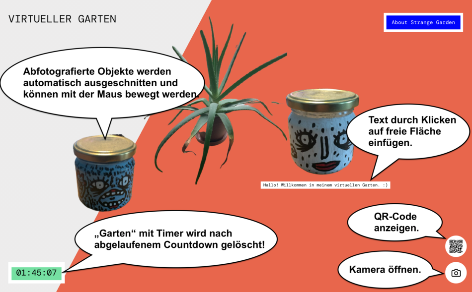 Screenshot eines "Gartens" mit einigen Objekten. Unten links befindet sich der Timer. Unten rechts sind Buttons um die Kamera oder den QR-Code aufzurufen.