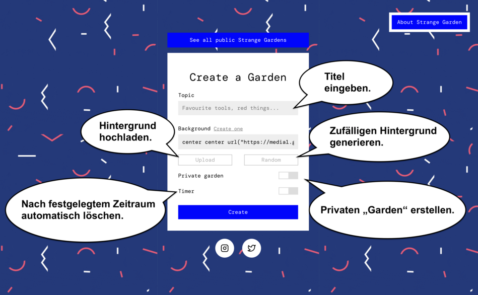 Screenshot der Startseite von Strange Garden. Hier kann ein eigener "Garten" erstellt werden.
