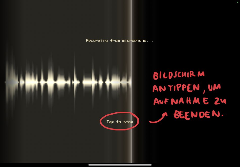 Screenshot der Aufnahme-Ansicht in PhonoPaper. Aufnahme durch Tippen auf den Bildschirm stoppen.