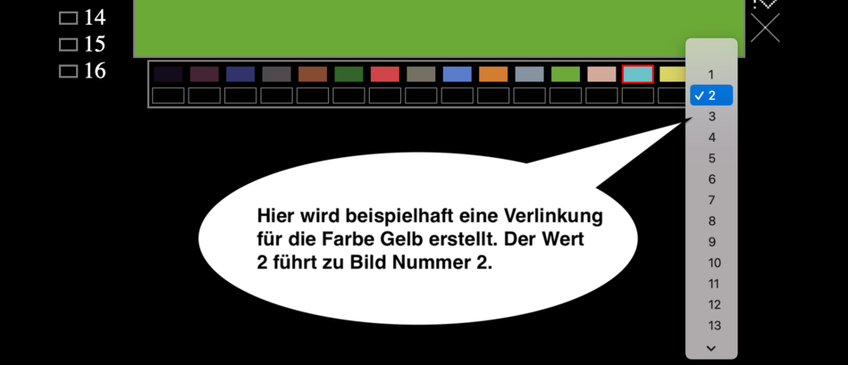 Screenshot von Flickgame, welcher die Verlinkung der Zeichnungen veranschaulicht.