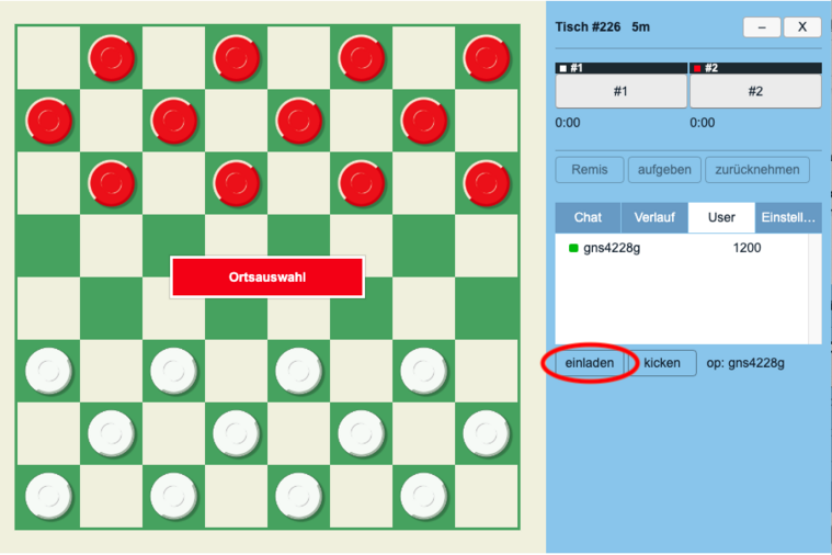 Startbildschirm für das Spiel Dame auf der Webseite playok.com