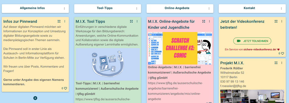 Screenshot einer digitalen Pinnwand mit TaskCards. Es gibt vier Spalten mit verschiedenen Posts mit Text, Bildern und Links.