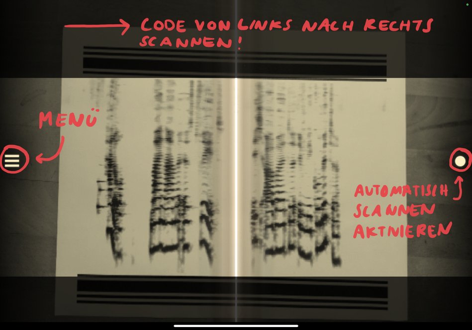 Screenshot der Kamera-Ansicht in PhonoPaper. Ein Code wird von links nach rechts gescannt.