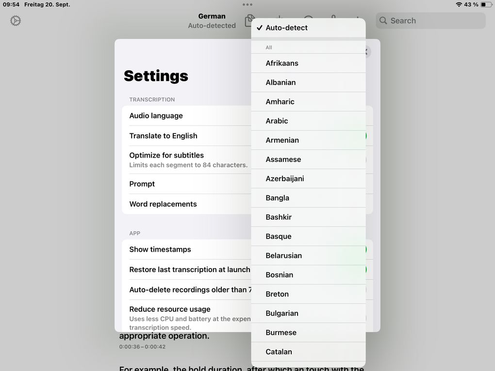 Einstellungen der Aiko-App: Sprachauswahl für Transkription, aktiviert ist die automatische Spracherkennung.