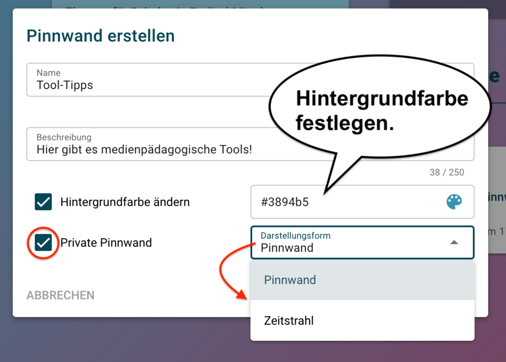 Screenshot des Dialog-Fensters zum Erstellen einer neuen Pinnwand.