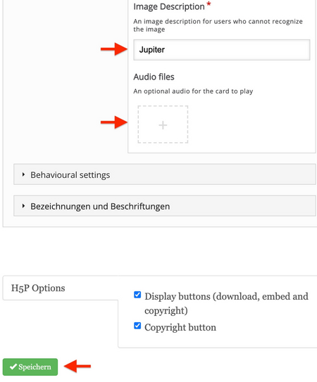 Screenshot des Bearbeitungfensters für den Aufgabentyp Image Sequencing Teil 2. Hier können zusätzlich Bildbeschreibungen sowie Audiodateien hochgeladen werden.