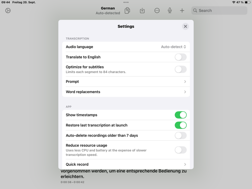Die geöffneten Einstellungen der Aiko-App.