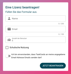 Screenshot des Formulars zur Linenzbeantragung. Ein direkter Link befindet sich im Fließtext.