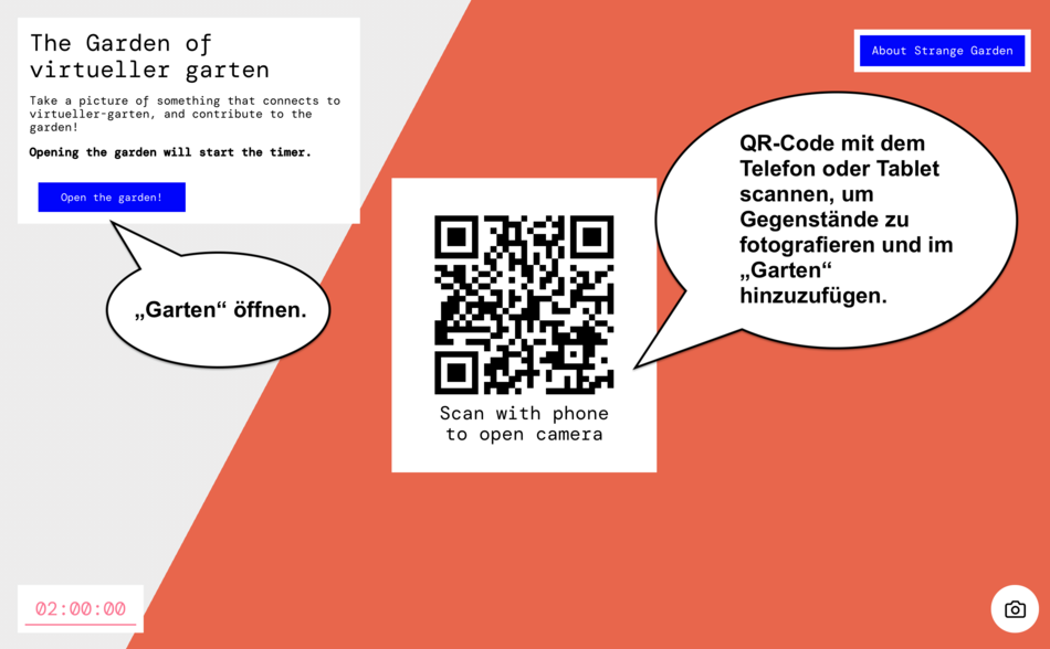 Startoberfläche eines neuen "Gartens". In der Mitte befindet sich ein QR-Code, welcher von den Teilnehmenden gescannt werden kann.