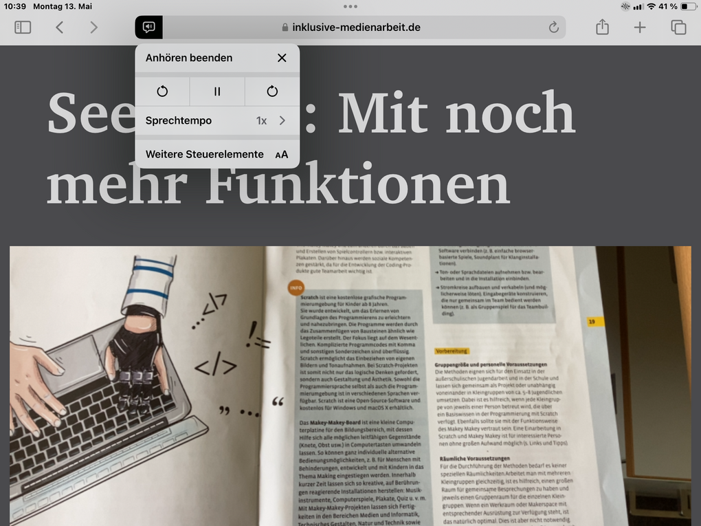 Bildschirmfoto der Vorlesefunktion vom Safari Reader