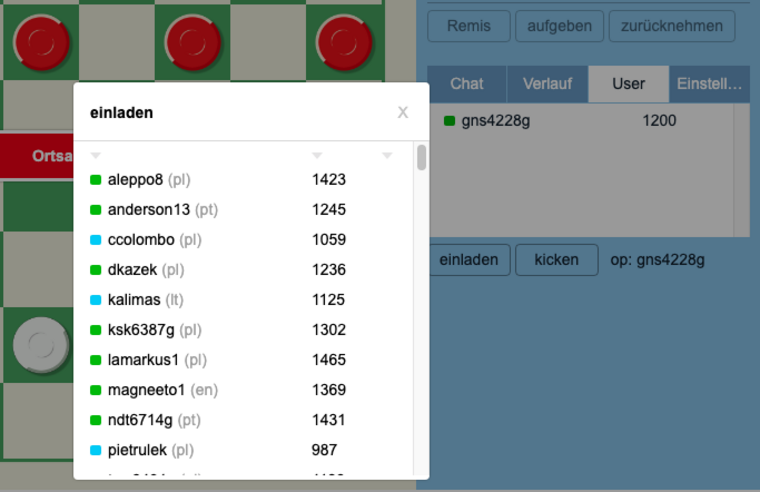 Dialogfenster zum Einladen von Personen zu einem privaten "Dame" Spiel.