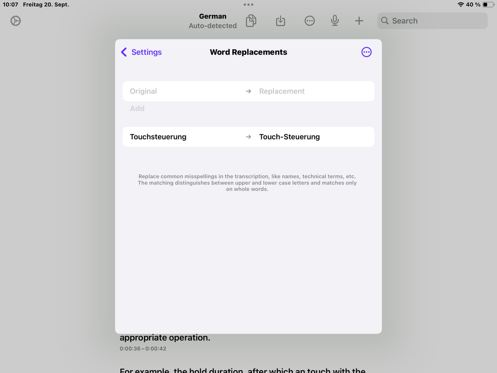 Schreibweise von Wörter anpassen in der Aiko-App durch Ersetzen von Wörtern.