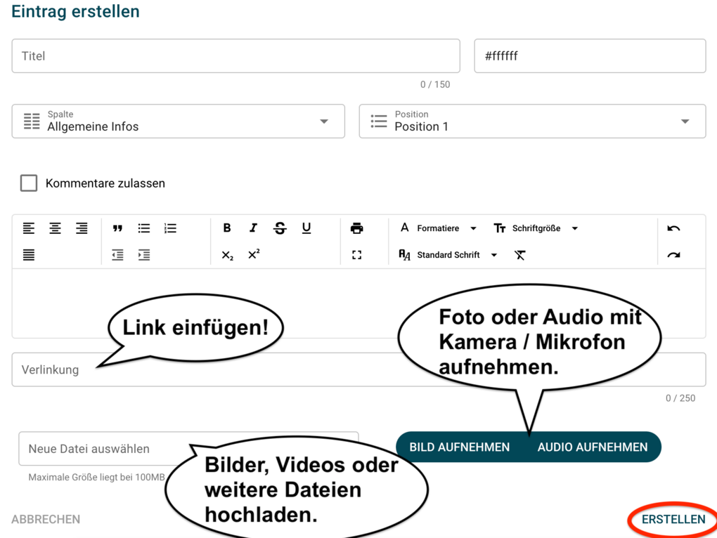 Screenshot: Fenster, um Eintrag zu erstellen. Hier können Text, Links sowie Foto- und Audioaufnahmen eingefügt werden. Zusätzlich können Dateien hochgeladen werden.