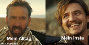 Meme: 2 Filmscreenshots sind nebeneinander geschnitten. Links: Nicolas Cage, der gehetzt und angestrengt schaut. Beschriftung: Mein Alltag. Rechts: Orlanda Bloom, strahlend lächelnd, Beschriftung: Mein Inta